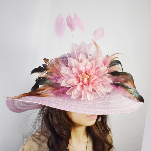 COPY - Pink Feather flower kentucky derby hat wide brim